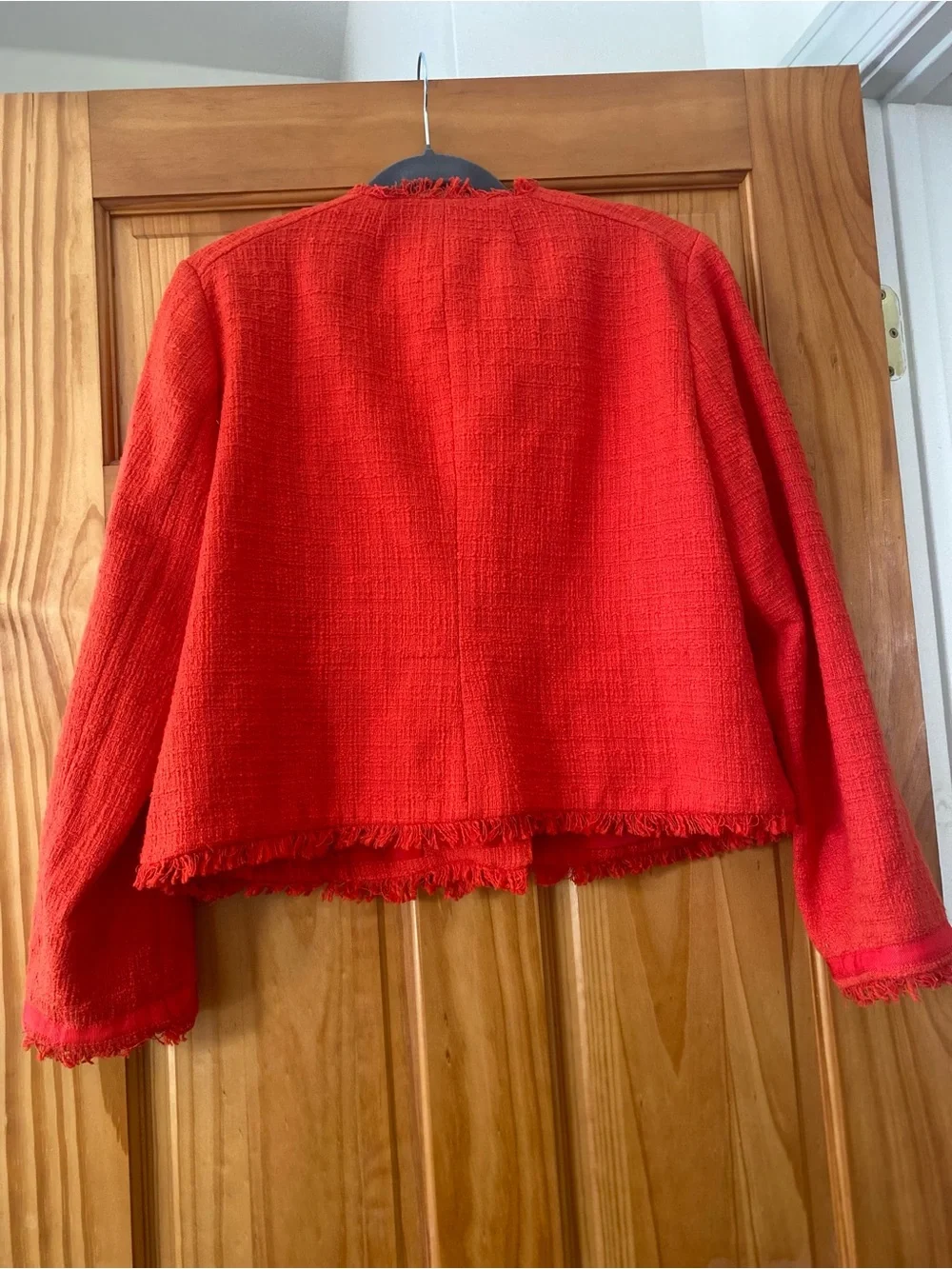 J.Crew Size 16 Vibrant Red/Orange Tweed Fringe Moto Jacket Asymmetrical Zip